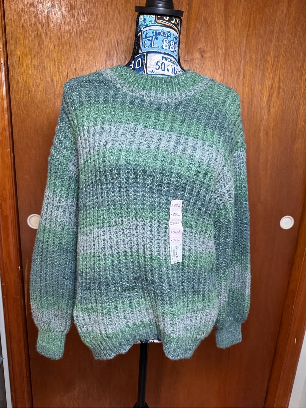 SO Green Striped Knit Women's Cozy Pullover Sweater, XS